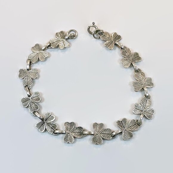 Shamrock Bracelet, Sterling Silver, Clover, Three Leaf, Vintage, Links - Picture 1 of 4